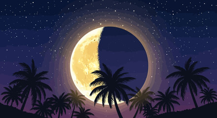 Tropical Night Sky with Half-Illuminated Moon and Palm Trees