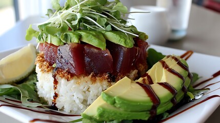 Creative fusion dish sushi pizza with crispy rice crust modern restaurant food photography urban setting culinary innovation