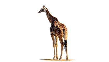 Obraz premium A full shot of a giraffe, standing tall against a plain white background, showcasing its distinctive spotted coat and long neck.