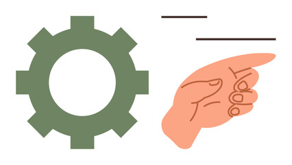Hand pointing right beside gear, emphasizing process, decision-making, and guidance. Ideal for teamwork, operations, management, innovation efficiency strategy collaboration. A simple flat