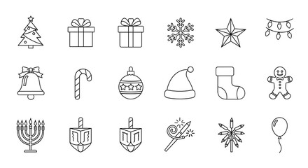 Set of Hand Drawn Christmas and Hanukkah Icons for Holiday Design.