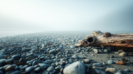 Driftwood on a pebble beach shrouded in mist, creating a serene and atmospheric scene with a sense of tranquility and mystery