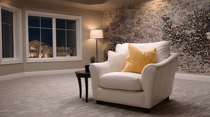 Creative vision boards showcase in cozy living room inspirational art wall home environment evening viewpoint