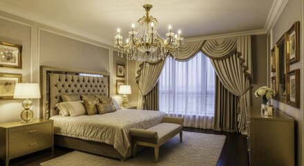 Elegant and Luxurious Master Bedroom Interior with Tufted Bed, Gold Accents, Crystal Chandelier, and Sophisticated Decor