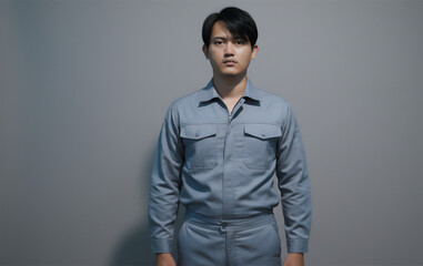 Obraz premium Professional young man in work uniform stands confidently, ready for industrial tasks and manufacturing success