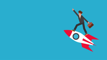 Vector Illustration of a Businessman Standing on a Rocket Carrying a Briefcase and Pointing Forward. This visual symbolizes Leadership, Vision, Rapid Growth, and Target Achievement.