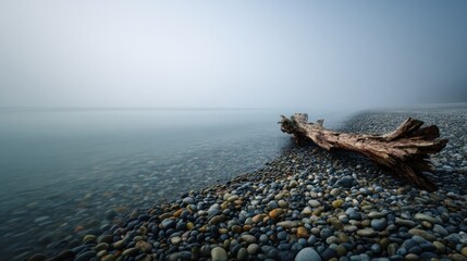 Driftwood log resting on a rocky beach with a misty background and calm water creating a serene and peaceful atmosphere