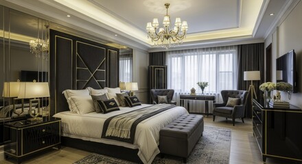 Luxurious and Elegant Master Bedroom Interior with Tufted Headboard, Grand Chandelier, and Black & Gold Furnishings