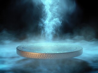 Floating ancient-looking circular stone platform surrounded by mystical blue smoke and mist with an ethereal vertical smoke column rising from its center