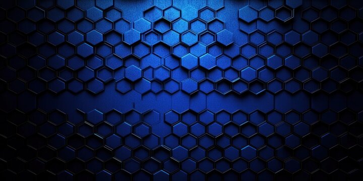 Abstract pattern of black hexagonal shapes on a metallic blue background with a glowing gradient effect creating a futuristic and technological feel