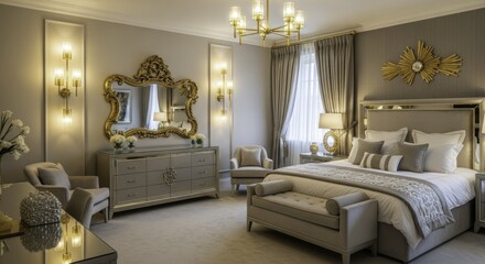 Opulent Master Bedroom Interior Design Featuring Sumptuous Bed, Ornate Gold Mirror, Mirrored Furniture, Elegant Lighting, and Soft Neutral Tones