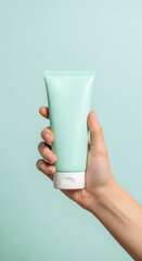Clean Skincare Product Photography with Hand Holding Cosmetic Tubes, Jars, Droppers, Pumps, and Beauty Tools on Minimal Pastel Background