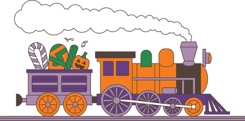 Naklejka premium Halloween train with pumpkins and candy on white background