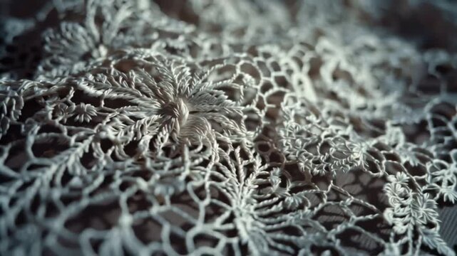 Elegant antique lace fabric with an intricate floral pattern. A close-up view highlighting the detailed craftsmanship and delicate texture