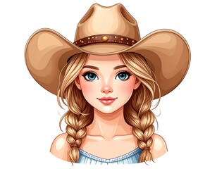 A captivating illustration of a young woman wearing a stylish cowboy hat, featuring detailed features and a serene expression.