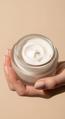 Clean Skincare Product Photography with Hand Holding Cosmetic Tubes, Jars, Droppers, Pumps, and Beauty Tools on Minimal Pastel Background