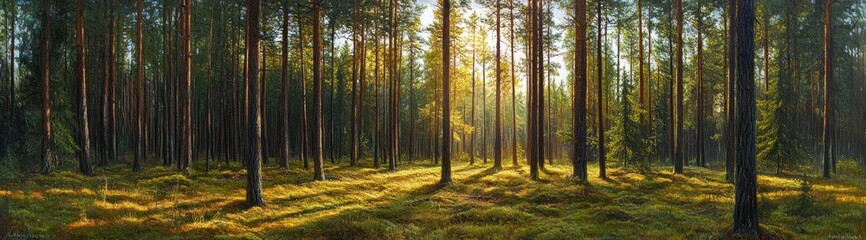 Fototapeta premium Sunlight streaming through tall pine trees in a dense forest casting long shadows on lush green moss and low undergrowth in a calm natural setting