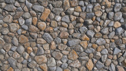 A close-up view of a textured stone wall, showcasing a variety of rounded stones in shades of gray, brown, and tan, creating a natural, rustic appearance.