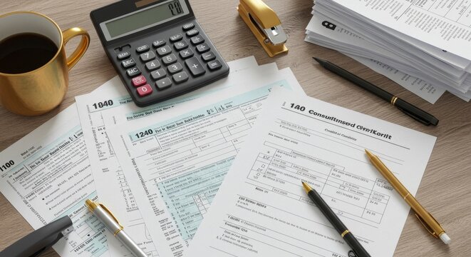 Tax Season Paperwork: Forms, Calculator, and Coffee on Wooden Desk