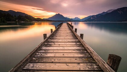 Fototapeta premium Serene wooden pier extends into a tranquil lake at sunrise, mountains in the distance