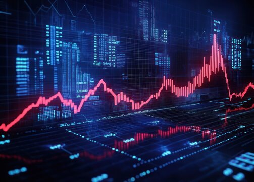 Digital financial data visualization with fluctuating red line graph and blue numerical data on futuristic virtual screen