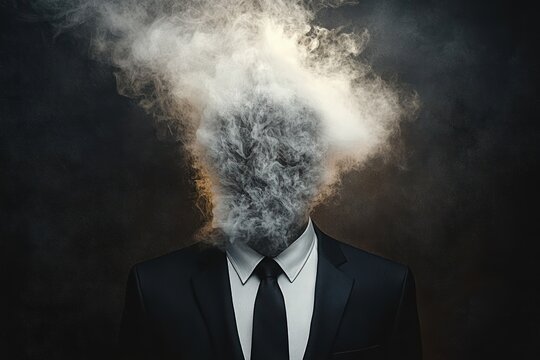 man in black suit and tie with head replaced by swirling white smoke on dark background, conveying confusion and anonymity - Powered by Adobe