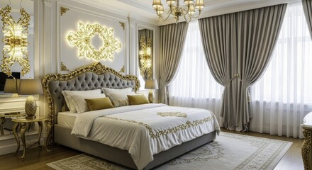Luxurious and elegant bedroom interior featuring a grand tufted headboard, ornate gold wall decor, a classic chandelier, and floor-to-ceiling drapes, creating a sophisticated and inviting ambiance.