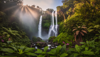 Lush Tropical Waterfall Landscape with Morning Sunlight and Green Foliage Scenery