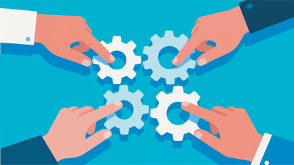 Illustration Of Four Pairs Of Hands Interacting With A Series Of Gears Vector Design Template