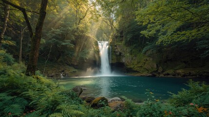 A tranquil waterfall cascades into a vibrant pool, nestled within a lush, green forest.