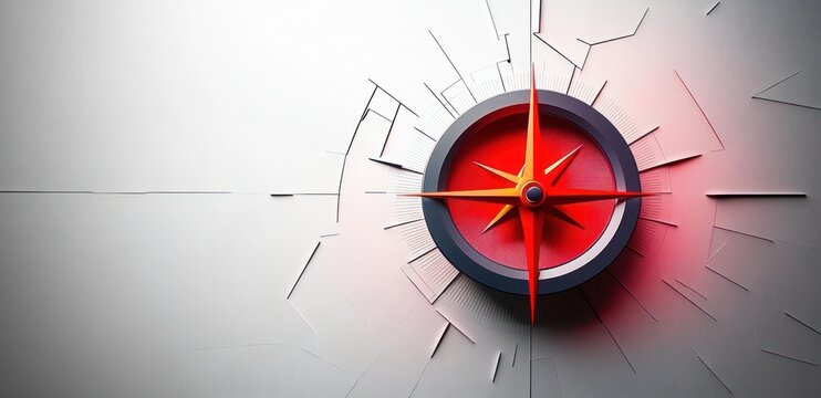 red and orange compass rose embedded in a cracked white surface emitting soft shadows and light gradients evoking precision and discovery