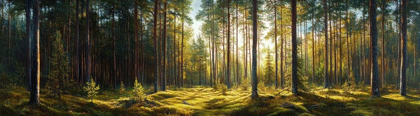 Sunlight filtering through tall pine trees in a dense forest casting long shadows on mossy forest floor in a serene natural setting