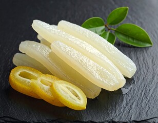 Preserved citrus fruit slices on dark stone