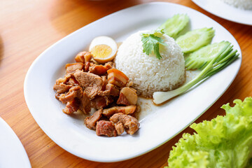 Asian Cuisine Delight: A close-up shot presents a meticulously arranged plate of flavorful braised pork with a perfectly cooked egg and fluffy white rice.