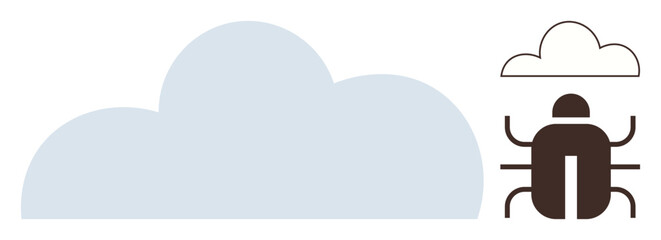 Large cloud next to a graphical bug beneath a small cloud. Ideal for technology, cybersecurity, data breach, cloud computing, internet safety, IT management, simple flat metaphor