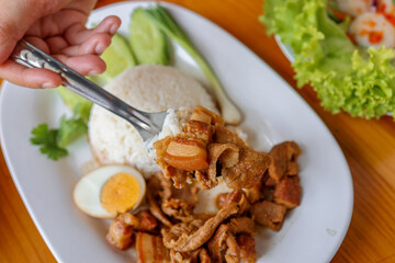 Savory Pork and Rice Dish: A close-up captures the essence of a delectable meal with tender braised pork, fluffy rice, and a perfectly boiled egg.