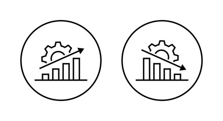 Growth and decline bar chart icon with gear. Business productivity, performance, success, and failure symbol in circular outline