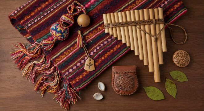 Traditional Andean cultural items with zampo?a pan flute and woven aguayo textile.