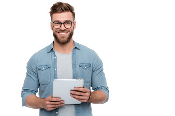 young, smiling man in a shirt holding a tablet, isolated on a white background.