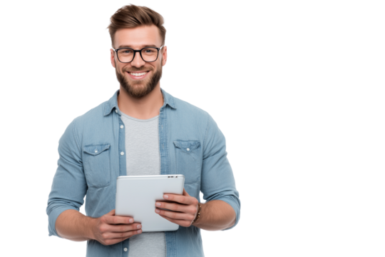  young, smiling man in a shirt holding a tablet, isolated on a white background.