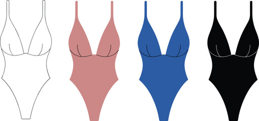 Elegant women's one-piece swimsuit vector illustration, featuring a deep V-neckline and thin straps, perfect for swimwear technical drawings and apparel mockups.