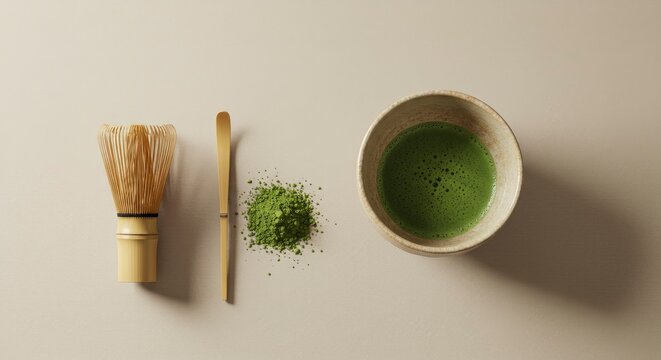 Traditional Japanese Matcha Green Tea Ceremony Set Flat Lay on a Neutral Background