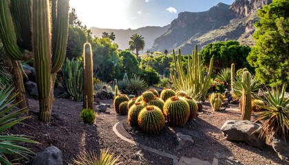 A sun-drenched botanical garden showcasing a diverse collection of cacti and succulents against a backdrop of towering mountains.