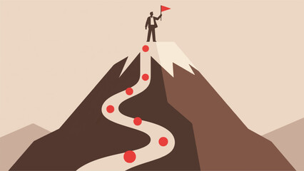 Illustration Of A Person With A Flag On A Large Mountain Vector Design Template