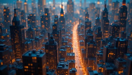Evening urban cityscape with illuminated streets and towering skyscrapers creating a vibrant
