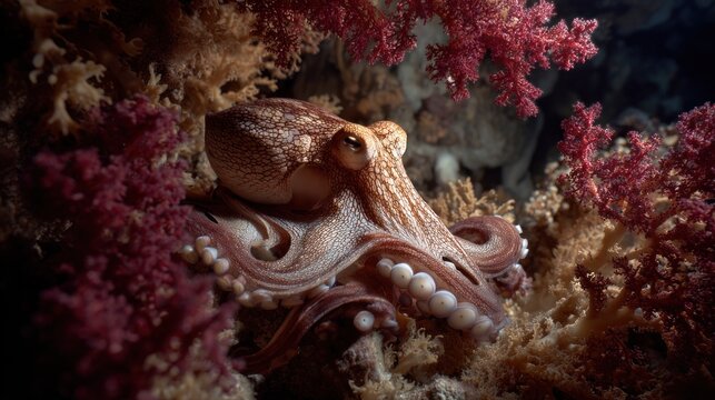 An octopus hides among soft coral on a reef in the red sea, egypt, underwater wildlife photography, marine life, animal behavior - Powered by Adobe