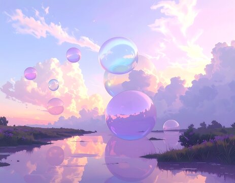 A serene landscape bathed in pastel hues, featuring large, iridescent soap bubbles floating amidst a tranquil sky and reflecting on a calm water surface.
