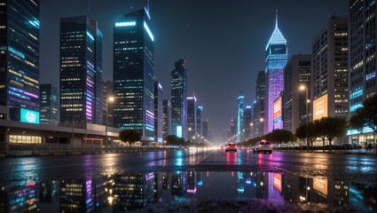 Fototapeta premium Modern Night Cityscape Reflective Puddle Urban Center Travel Destination View