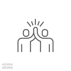 Two people give high five icon. Simple outline style. People together holding hands with their hands raised up, friendly greeting, teamwork concept. Thin line symbol. Isolated design editable stroke.