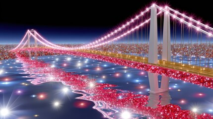 Obraz premium Sparkling Bridge at Night, City Lights, Water Reflection